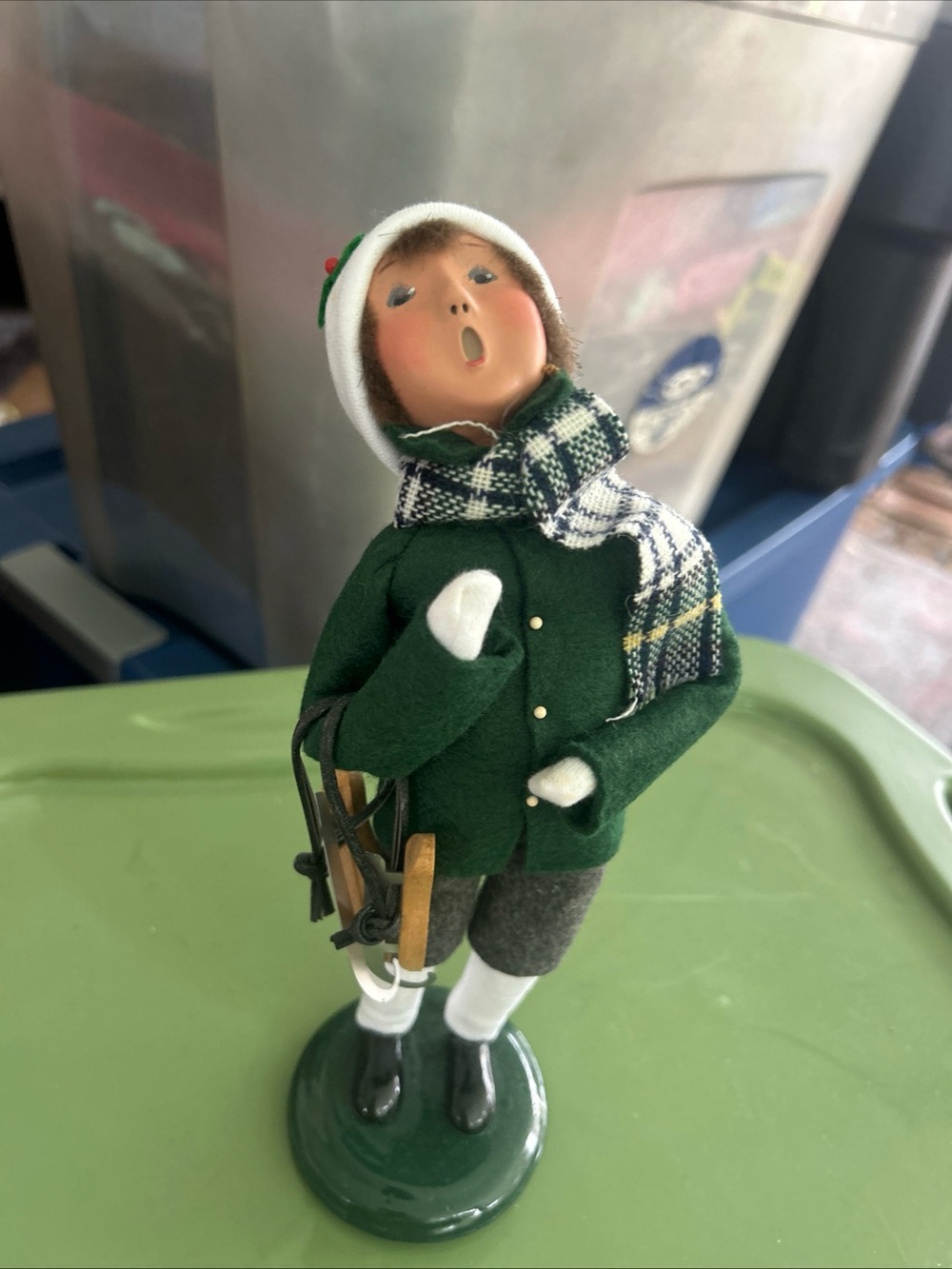 Byers choice Caroler Figurine in Dark Green with Plaid Scarf - signed